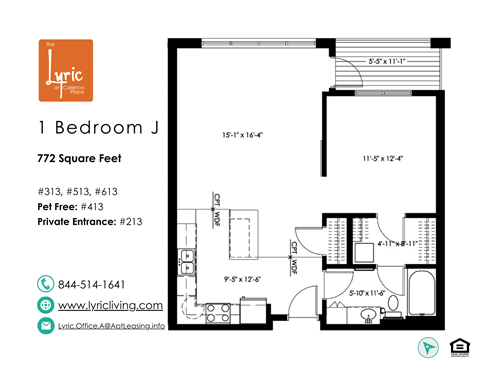 Floor plan for 1 bed, 1 bath, 772 sqft